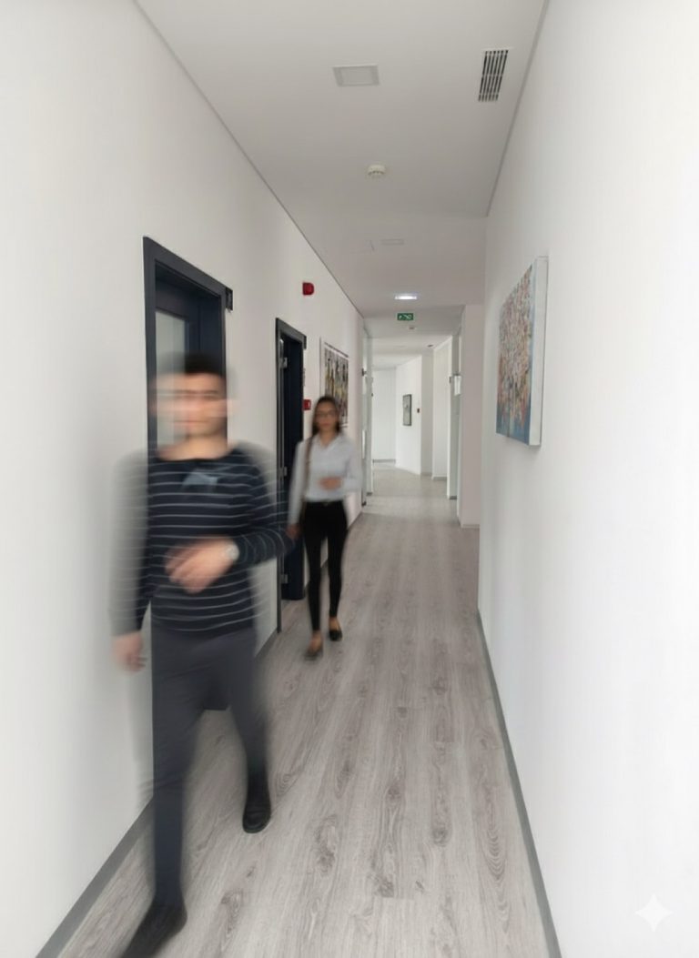 Colaboradores a caminhar no corredor de um escritório