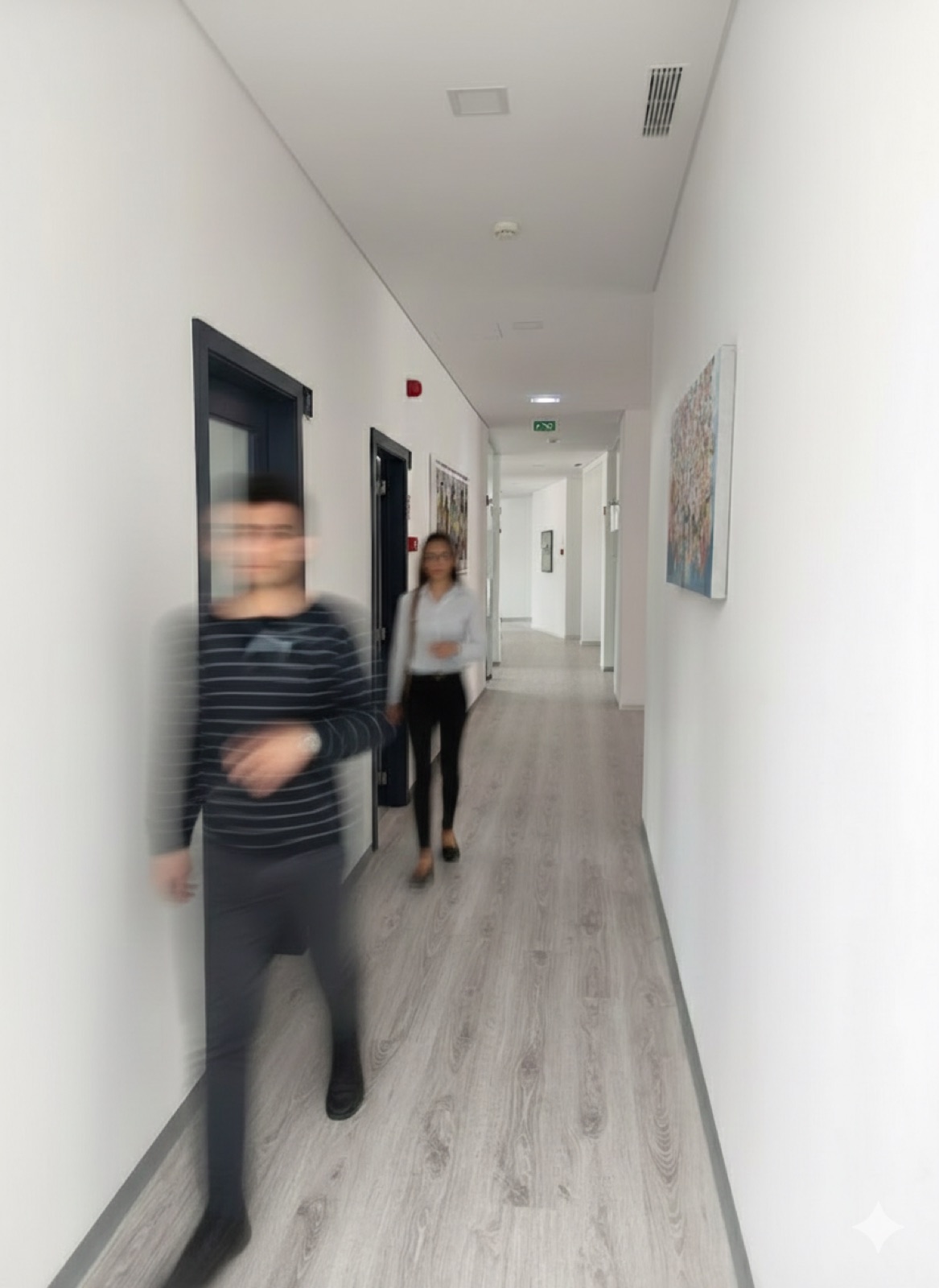 Colaboradores a caminhar no corredor de um escritório
